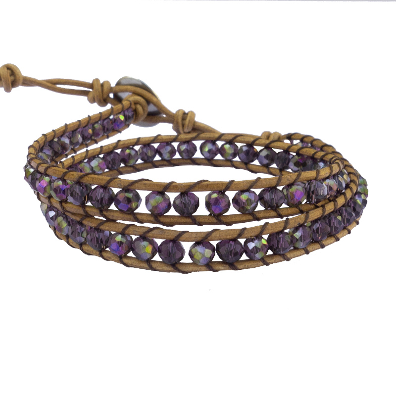 Jt Δερμάτινο διπλό βραχιόλι - κολιέ τσόκερ με κρύσταλλα Ιριδίζον